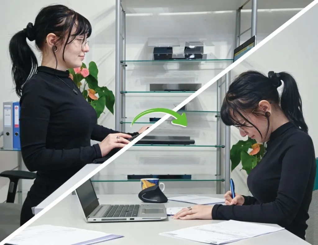 Split image showing computer posture over time: on the left, a woman sits upright at a desk with a laptop, maintaining good posture; on the right, she gradually slouches forward while working, with her head and neck leaning down, illustrating how posture shifts during the day and leads to neck pain and discomfort.